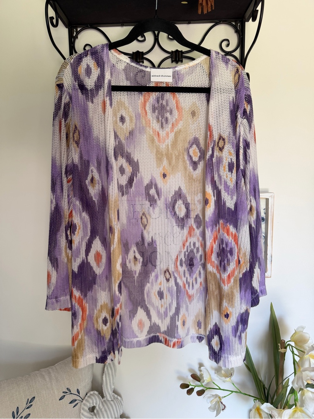 Alfred Dunner Purple and Cream Ikat Open-Front Knit Tunic
